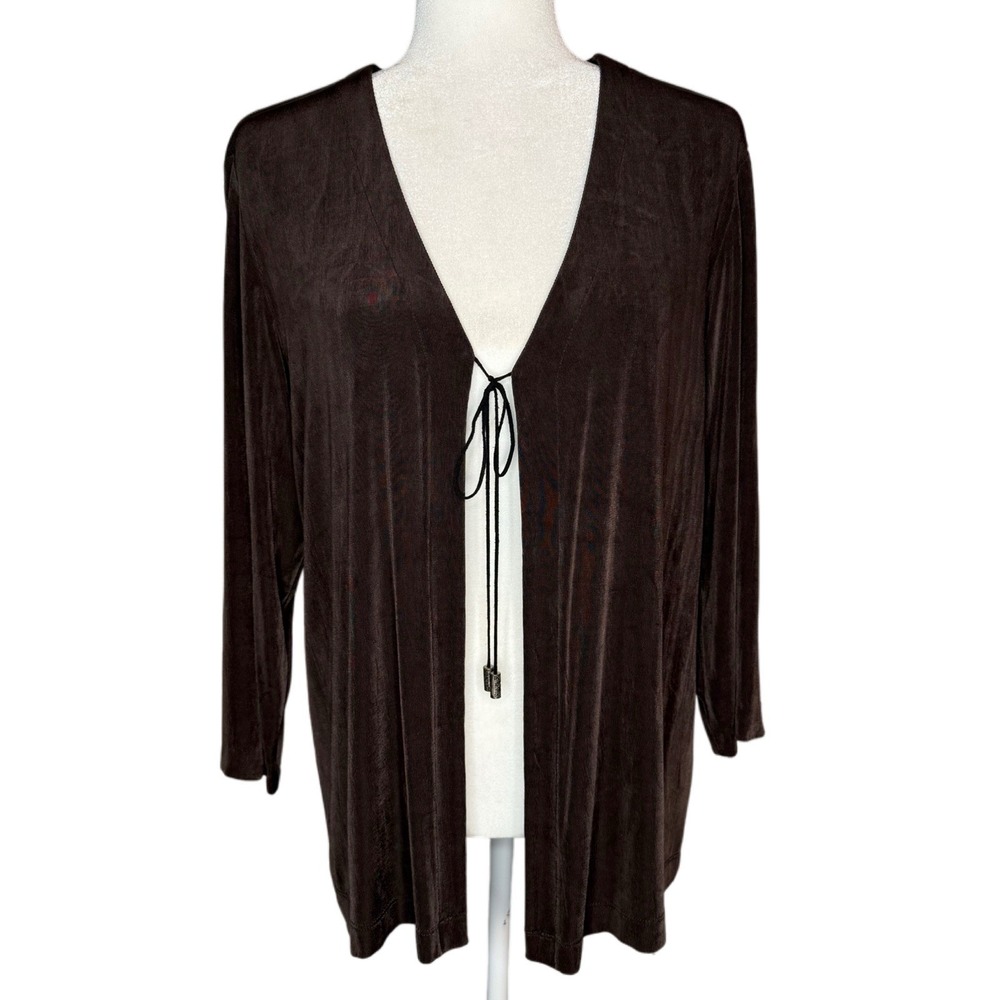 Chicos‎ Travelers Brown Slinky Stretch Long Sleeve Tie Front Cardigan 2 Large